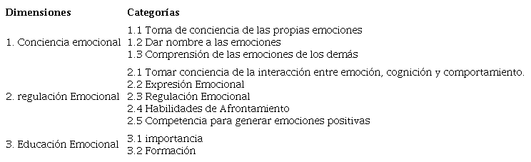 Dimensiones y Categor&iacute;as de Estudio (Adaptadas de Bisquerra & P&eacute;rez, 2006)