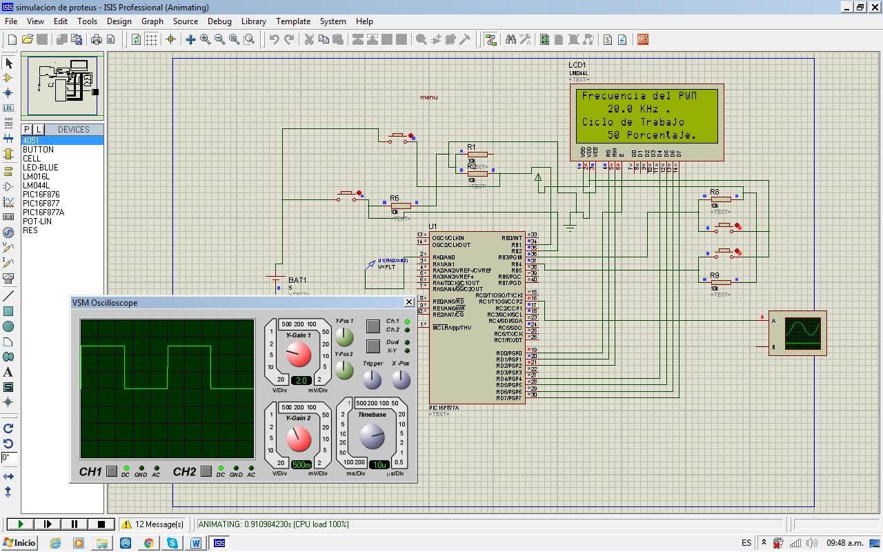 Prototipo del PWM ajustable montado en Proteus.