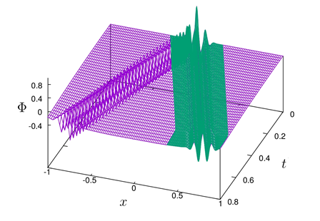 Evolution of the numerical solution for a
complete time interval using AMR. The time range is  , the refined subdomain   moves
at the same speed of one of the pulses within the base domain  .
