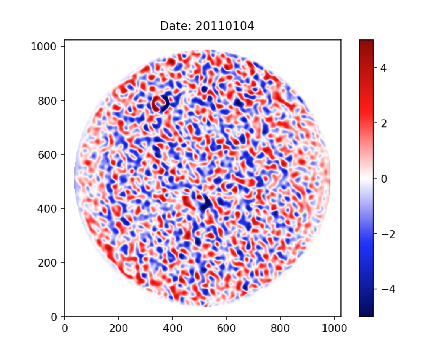 Vertical
velocity flow map for the solar disk on 04-01-2011. The axes are in units of
pixel and the velocity scale are in km/s. The blue color are incoming
velocities and red color are outgoing velocities.