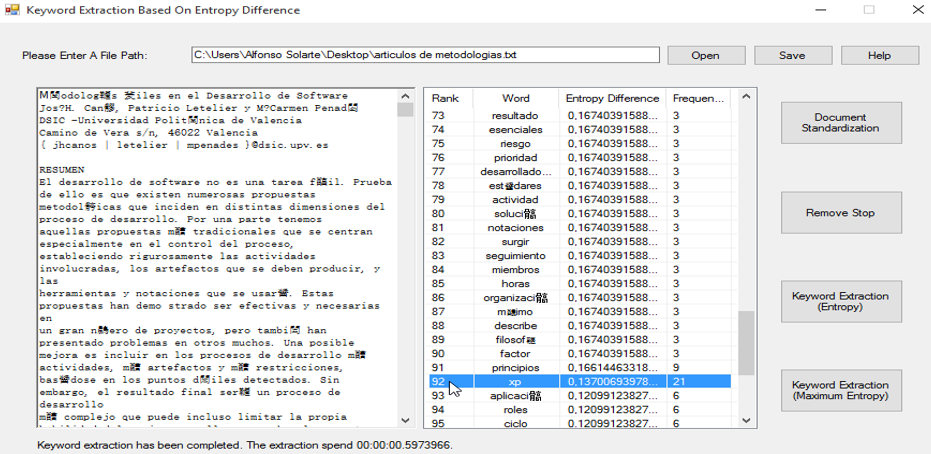 Extracci&oacute;n de palabras claves del documento sin la implementaci&oacute;n de la
ontolog&iacute;a.