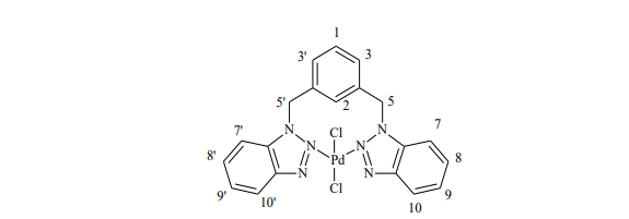 Structure of complex 8 to assign the signals of the 1H and 13C NMR spectra.