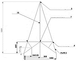Profile of the truss with nodes named according to the given nomenclature in Autodesk Simulation Mechanical (measurements in mm).