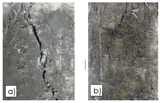 Visual appearance of concrete samples after failure for a) 0.46% and b) 0.62% or coconut fiber content