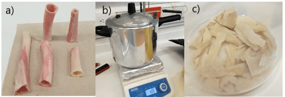 (a) sheep bones, (b) pressure cooker and, (c) bone chips .