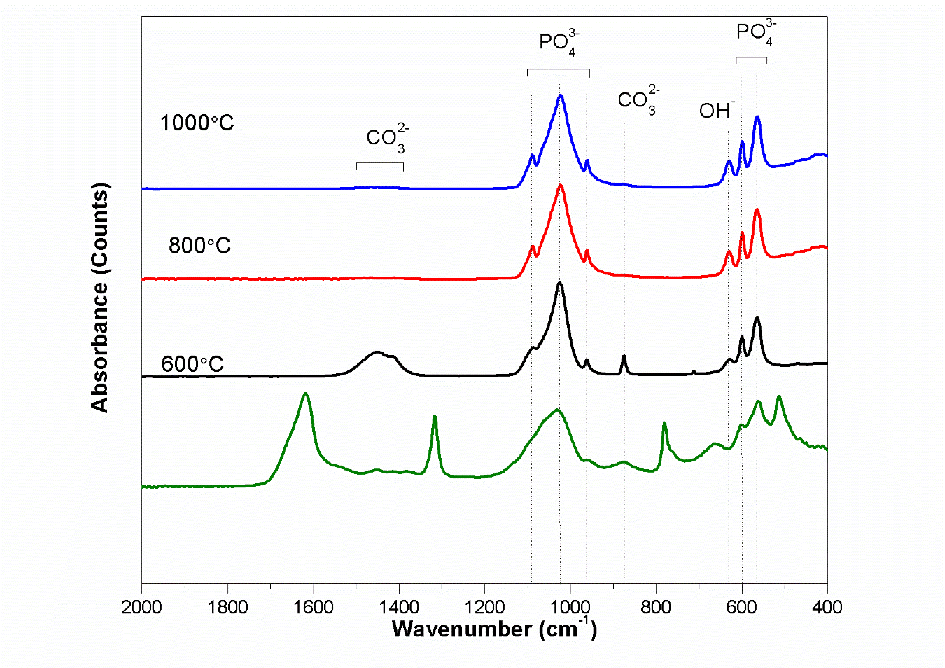 Infrared spectra of sheep bones powder without being subjected to temperature and, subjected to 600, 800 and 1000 C.