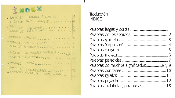Índice del "Libro de las palabras". Primero de Primaria