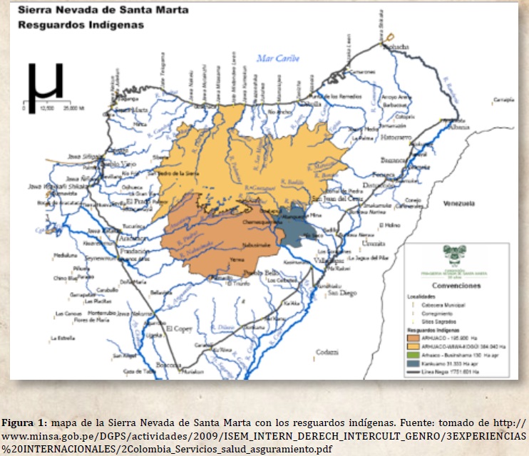 mapa de la Sierra Nevada de Santa Marta con los resguardos indígenas. Fuente: tomado de http://www.minsa.gob.pe/DGPS/actividades/2009/ISEM_INTERN_DERECH_INTERCULT_GENRO/3EXPERIENCIAS%20INTERNACIONALES/2Colombia_Servicios_salud_asguramiento.pdf
