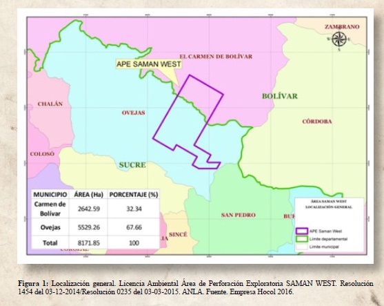 Localización general. Licencia Ambiental Área de Perforación Exploratoria SAMAN WEST. Resolución1454 del 03-12-2014/Resolución 0235 del 03-03-2015. ANLA. F