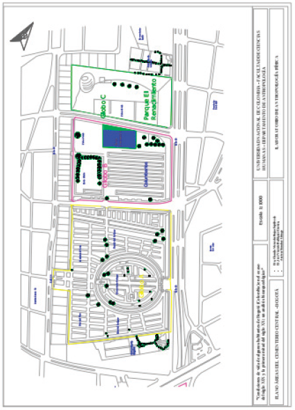 Plano general del Cementerio Central, que muestra el lugar de donde proviene la muestra, y fue realizado a partir de los planos de Calvo (1998), Méndez et al. (2010) e Igor Martínez (2011). En azul la zona de monitoreo reportada por Martínez (2011), el área de prospección comprende la zona azul y la zona verde triangular adyacente, reportada por Méndez et al. (2010).