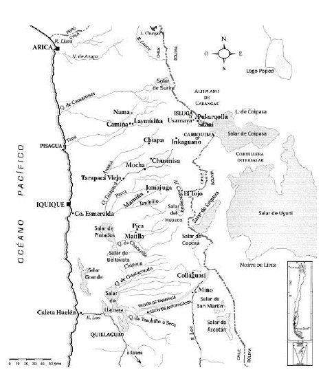 Mapa de la región de Tarapacá con los principales sitios arqueológicos y las quebradas más importantes