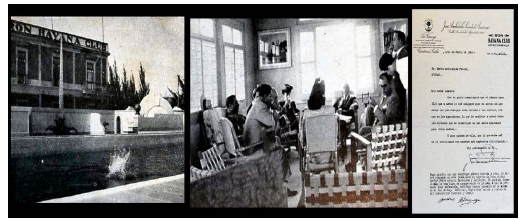 Edificio y campo deportivo de empleados, JASA, visita de Michale Rictherford (fondo, sentado), del Chase Manhattan Bank y carta de entrega de una casa a un obrero en la que figura Havana Club en el membrete de la empresa, 1943-1945