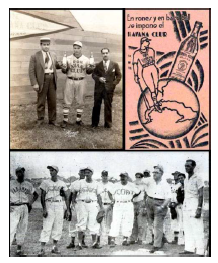 Pelotero de Havana Club recibiendo botellas del ron tras realizar dos jonrones; anuncio de la bebida (1935) e imagen de su equipo de béisbol cuando se denominó Arechabala (1957)