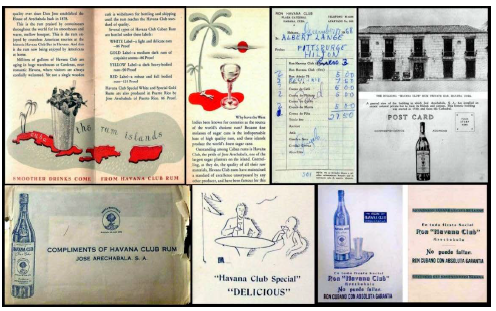 Folleto y anuncios de Havana Club en Estados Unidos que lo vinculan al turismo, fiestas o consumo femenino (1953), postal del ron y su bar, y una cuenta de este (1935)