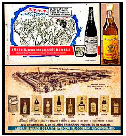 Anuncios de bebidas Arechabala (Zig-Zag 1960) y botella de Havana Club producida en la ronera Bocoy tras la revolución de 1959