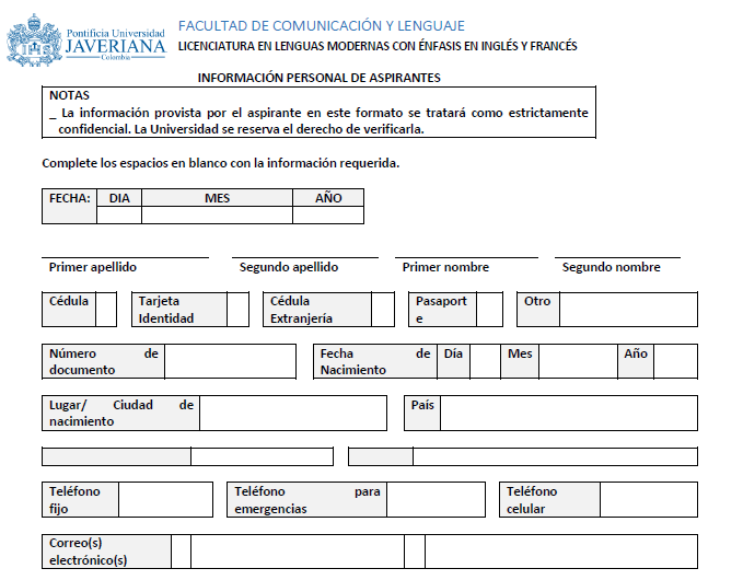 Formulario de ingreso &ndash; aspirantes 