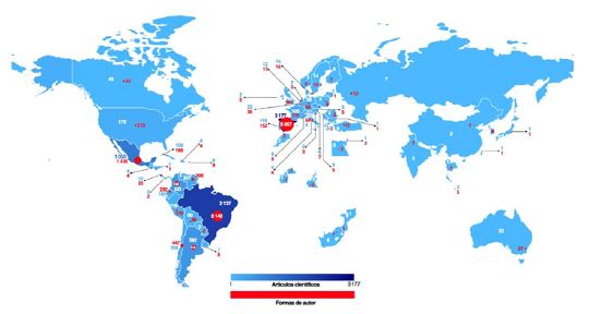 Pa&iacute;ses, formas de autor y producci&oacute;n cient&iacute;fica por pa&iacute;s en la disciplina de Comunicaci&oacute;n, 2005-2018