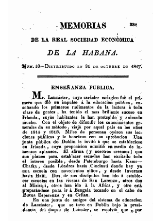 Memorias de la Real Sociedad Econ&oacute;mica de La Habana: colecci&oacute;n primera que comprende doce n&uacute;meros, correspondientes a los doce meses del a&ntilde;o 1817. La Habana: Oficina del Gobierno y de la Real Sociedad Patri&oacute;tica, 1817 (Biblioteca de Nueva York).