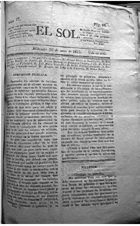 Peri&oacute;dico El Sol, No. 17 del 30 de enero de 1822, M&eacute;xico: Archivo Hist&oacute;rico de la Ciudad de M&eacute;xico.