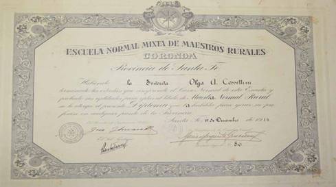 Diploma de Olga Cossettini, graduada como Maestra Normal Rural en 1914
