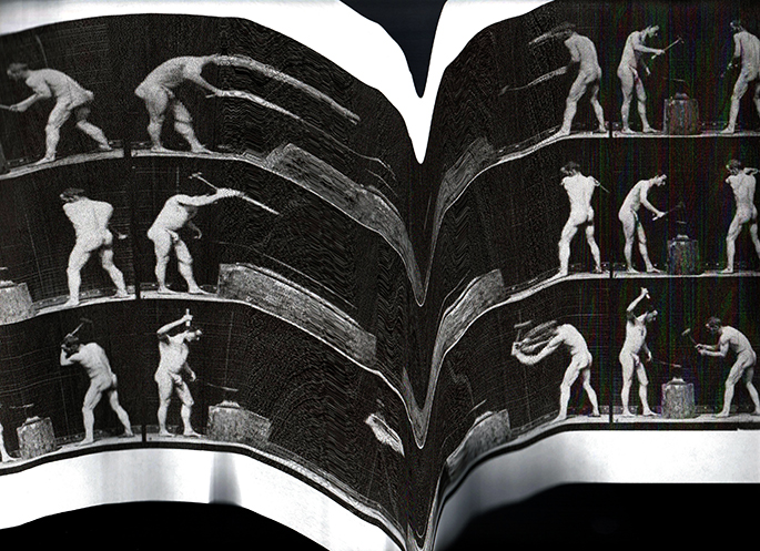 Hortensia M&iacute;nguez (2019) T&iacute;tulo: Hombres desnudos golpeando un yunque. Xerograf&iacute;a de la serie Eadweard Muybridge.