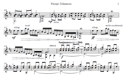 En los compases previos a la re-exposicin del  Sanjuanero (c.122 a 127), se utiliza el recurso tcnico de escalas en cuerdas al aire, lo que genera una gran sonoridad,  en este caso como prembulo al Sanjuanero.