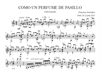 Inicio de Como un perfume de pasillo de 2016 (editado 2017). Nuevos elementos con respecto a su pasillo de la Suite colombiana 1 son visibles en esta pieza: Densidad armnica,  manejo motvico en diferentes armonas, ampliacin del registro sonoro.