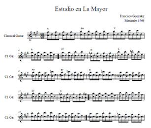 Extracto de la primera  pieza para guitarra escrita por Francisco Gonzlez a los 12 aos.