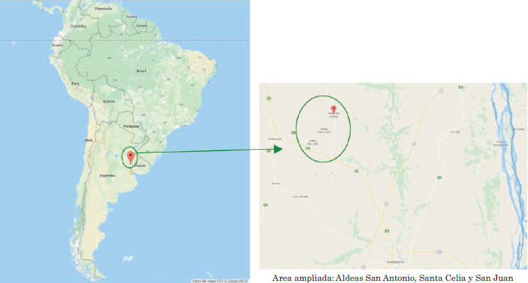  Ubicación de las aldeas San Antonio, San Juan y Santa Celia, en el contexto de la provincia de Entre Ríos, Argentina