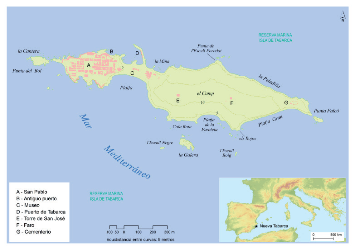 Mapa de localizaci&oacute;n y toponimia de la isla de Nueva Tabarca.