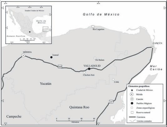 Localización de  Valladolid y otros centros turísticos de  la Península de Yucatán.