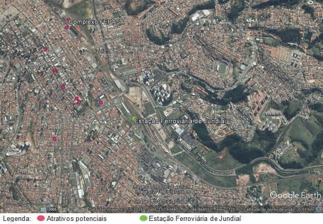 Mapa atrativos histórico‑culturais no entorno da Estação Ferroviária de Jundiaí e Complexo FEPASA.