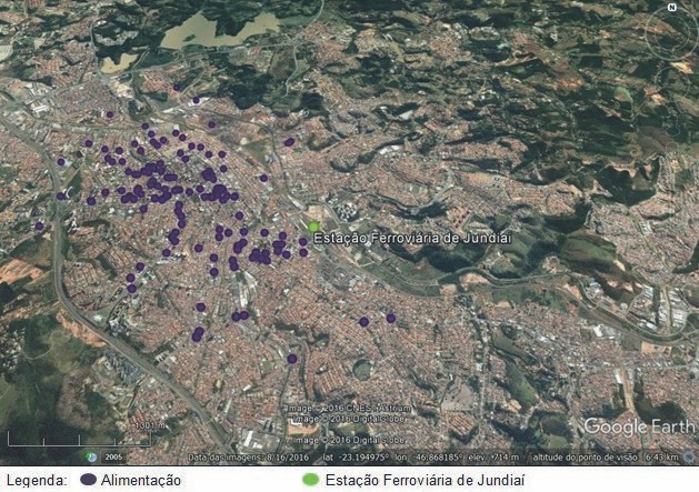 Mapa dos serviços de alimentação no entorno do Complexo da Estação Ferroviária de Jundiaí.