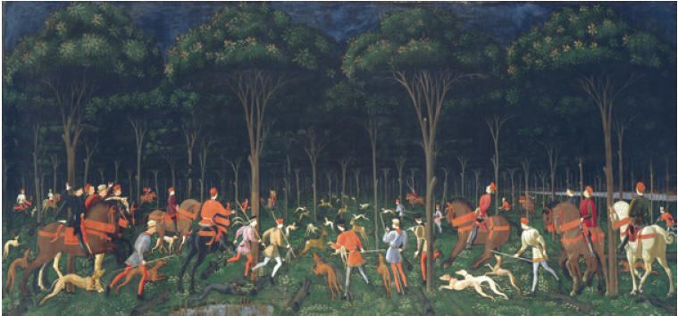 Paolo Uccello, &ldquo;Caccia notturna&rdquo; (1470, Museo Ashmolean). Obra costumbrista en la que se aprecia la construcci&oacute;n matem&aacute;tica del espacio a trav&eacute;s de la idea de perspectiva, redundando en la conformaci&oacute;n de un paisaje.