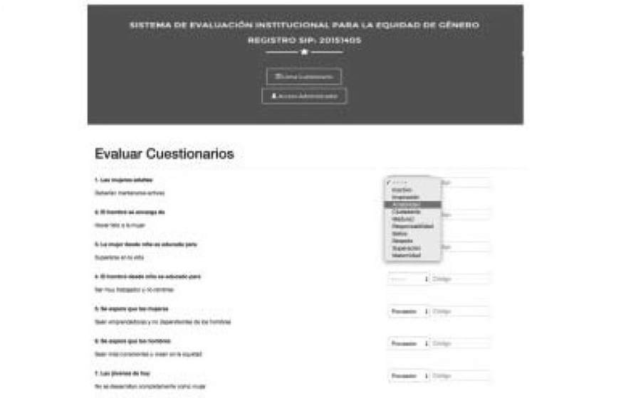 Figura 1. Interfaz del sistema de
evaluación institucional de la equidad de género y despliegues de frases
incompletas