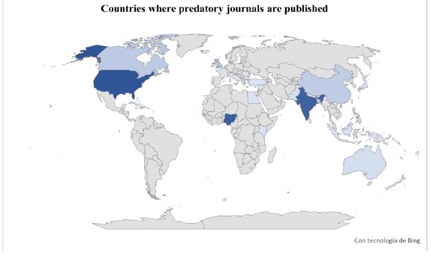 Pa&iacute;ses donde se publican revistas depredadoras
