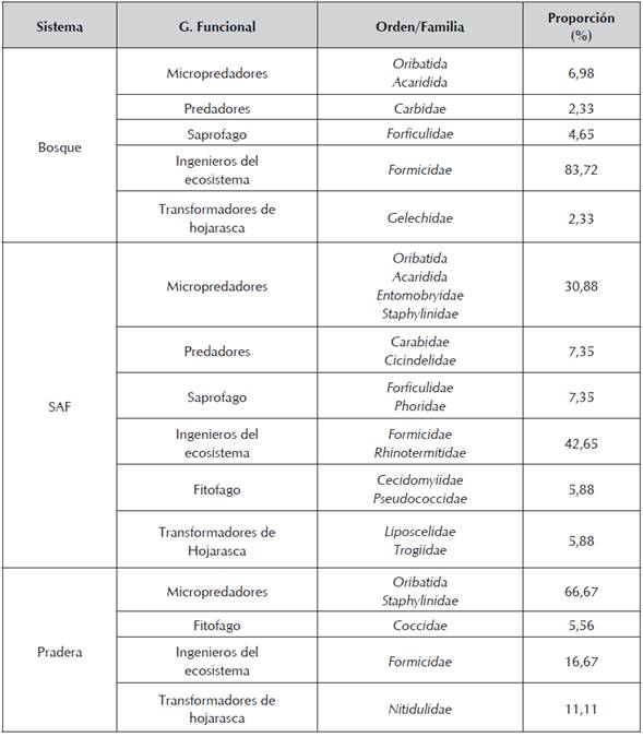 Grupos funcionales de mesoinvertebrados presentes en los sistemas evaluados.