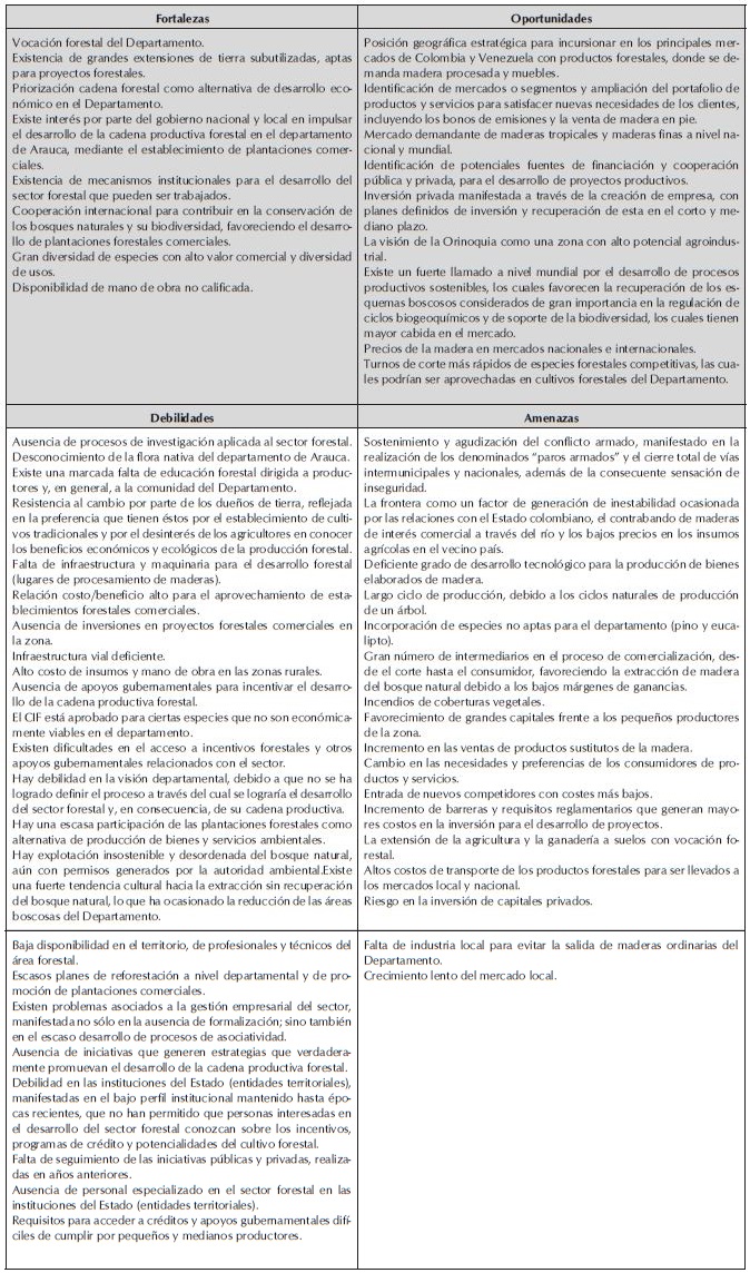 DOFA generada a trav&eacute;s de entrevistas con los actores identificados para la cadena productiva forestal del departamento de Arauca.