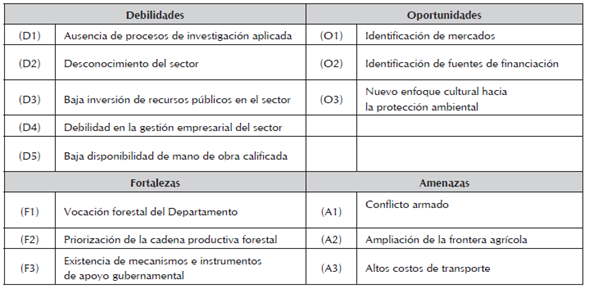 DOFA producto de la calificaci&oacute;n generada por los expertos de la cadena productiva