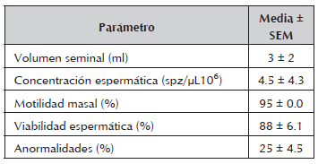 Parámetros en semen fresco de Colossoma macropomum. Valores mostrados como Media ± SEM. (n=3)