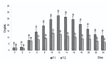 Densidad diaria de M. spinosa en cultivo de 2.5L alimentada con Chlorella sp. cultivada con: F/2 de Guillard (T1) y Nutrifoliar® (T2). Letras diferentes en el mismo día expresan diferencia significativa (P<0,05).