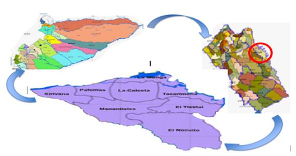 Localización del área de estudio en Corregimiento de Tacarimena, Municipio Yopal, Casanare, Colombia.