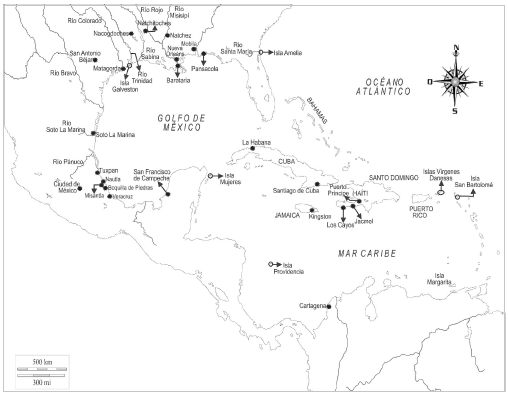 El Golfo de México y Mar Caribecon villas interiores, puertos e islas, 1813-1819