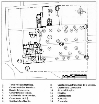 Reconstrucción del conjunto conventual de Tzintzuntzan en el siglo XVIII. Elaboración propia.