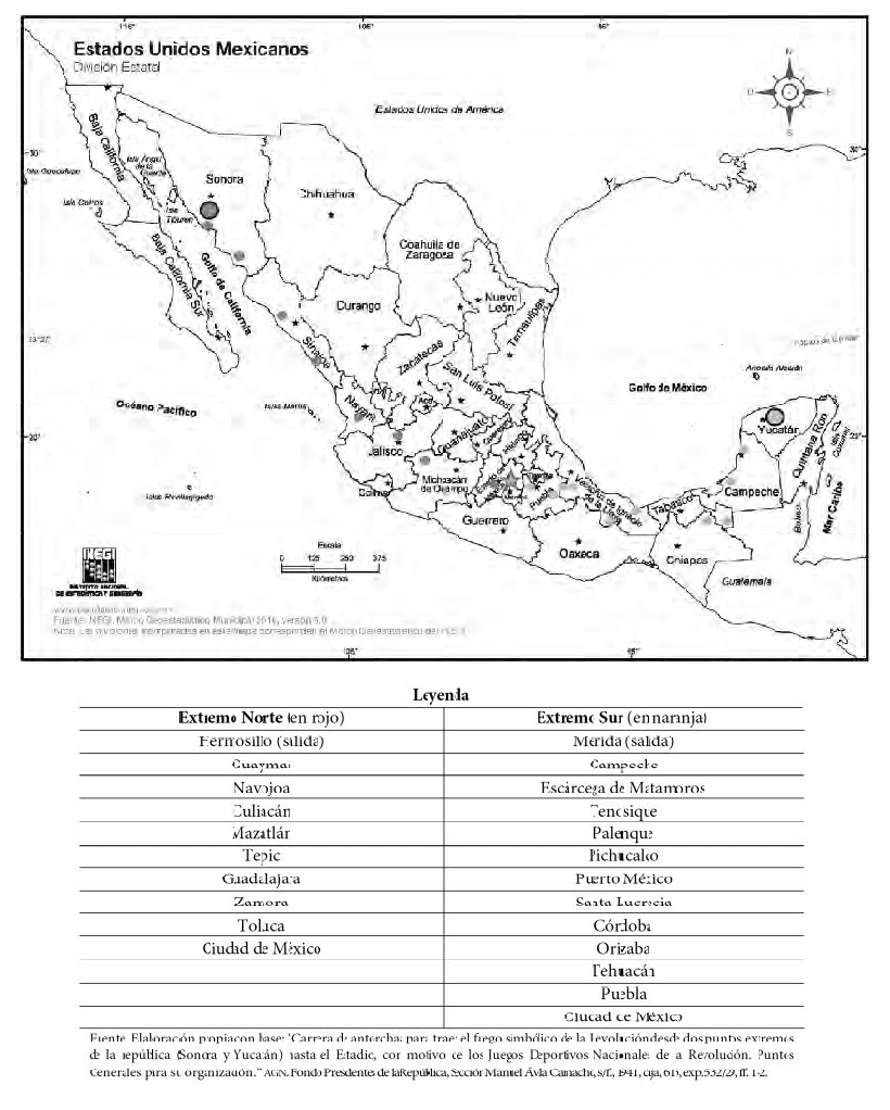 RUTAS (NORTE Y SUR) DE LA CARRERA CON RELEVOS DEL FUEGO SIMBLICO DE LA REVOLUCIN EN 1941, SEGN MAPA DE MXICO DE 2010
