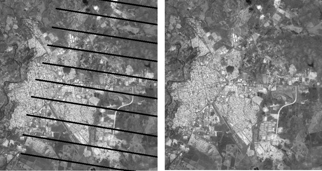 Imagen Landsat 7 ETM+ en la zona de estudio, con bandeo (izquierda) y sin
bandeo (derecha).