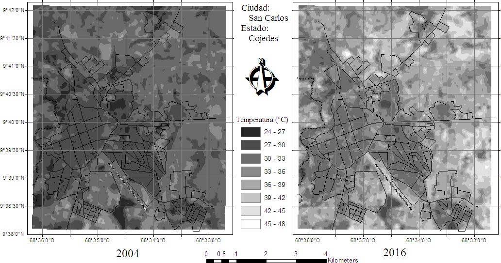 Temperaturas superficiales (°C) calculadas a partir de imágenes LANDSAT 7
ETM+ para los años 2004 (izquierda) y 2016 (derecha).
