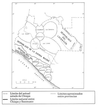 Ubicación aproximada de las provincias coloniales de Chiapas