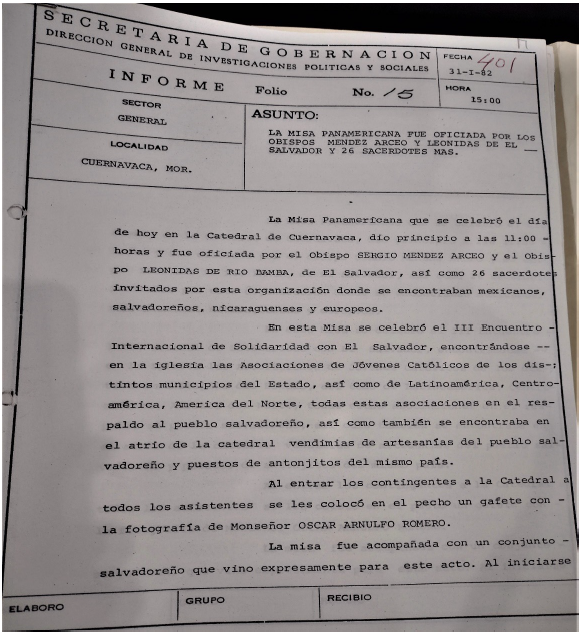 Fotografa del informen de la DGIPS sobre actividades de solidaridad con El Salvador en Cuernavaca
