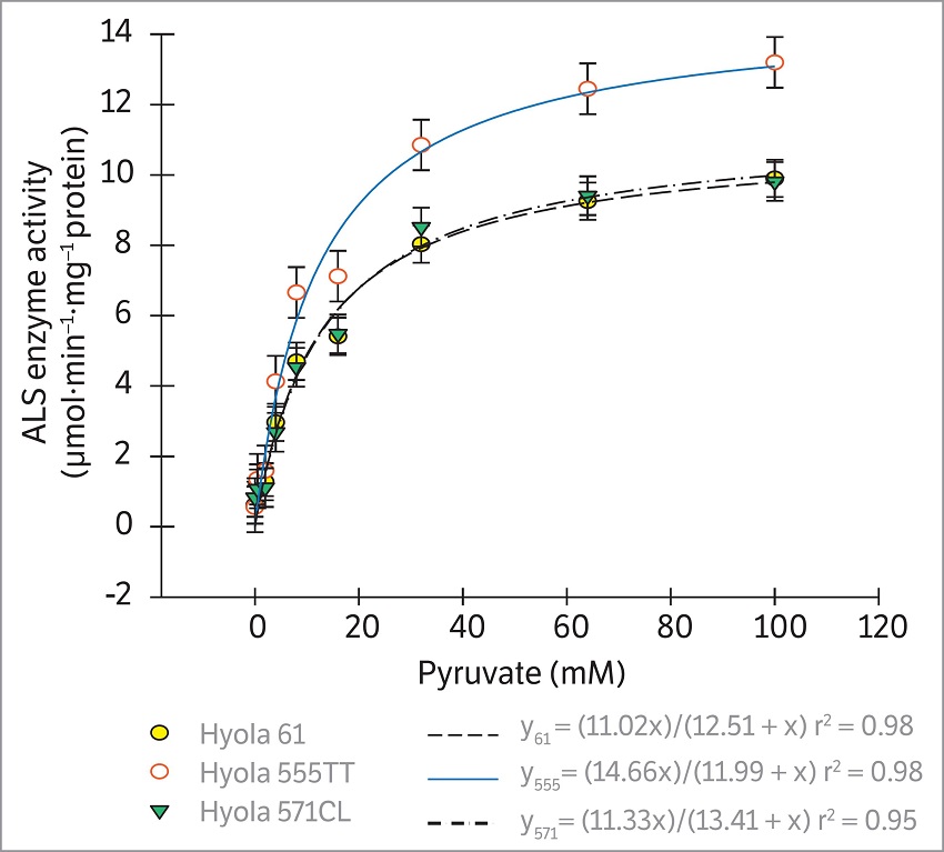 Activity of the enzyme acetolactate synthase (ALS) in the different concentrations of the pyruvate substrate in Hyola 571CL (571), Hyola 61 (61) and Hyola 555TT (555) canola hybrids. Passo Fundo, RS, 2016. Vertical bars represent the standard error of the mean.